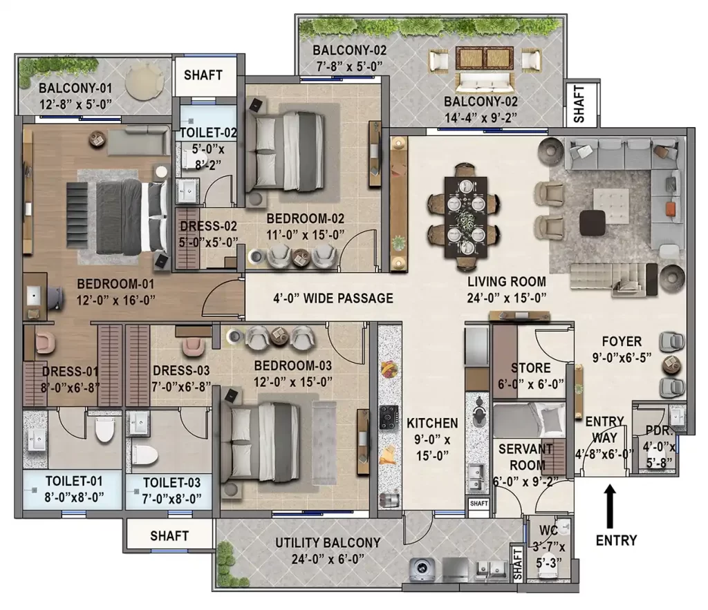 3 BHK + Servant Room — 2,650 Sq.Ft.